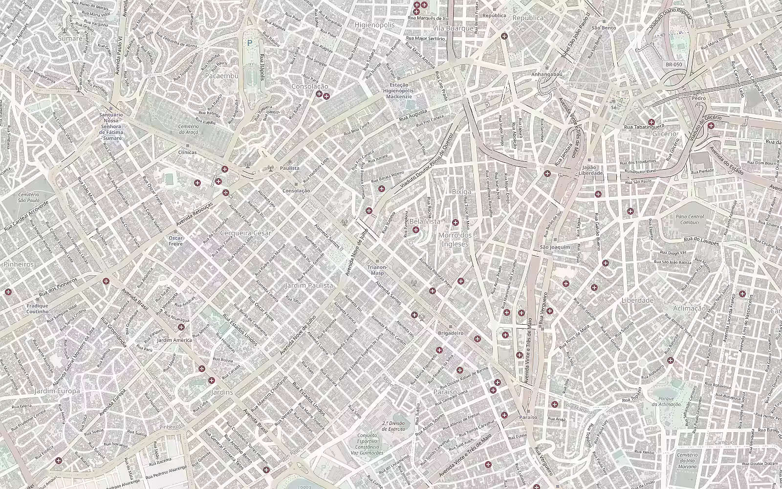 Street map of the Midtown Manhattan area with the analyzed location, influence zones, and points of interest